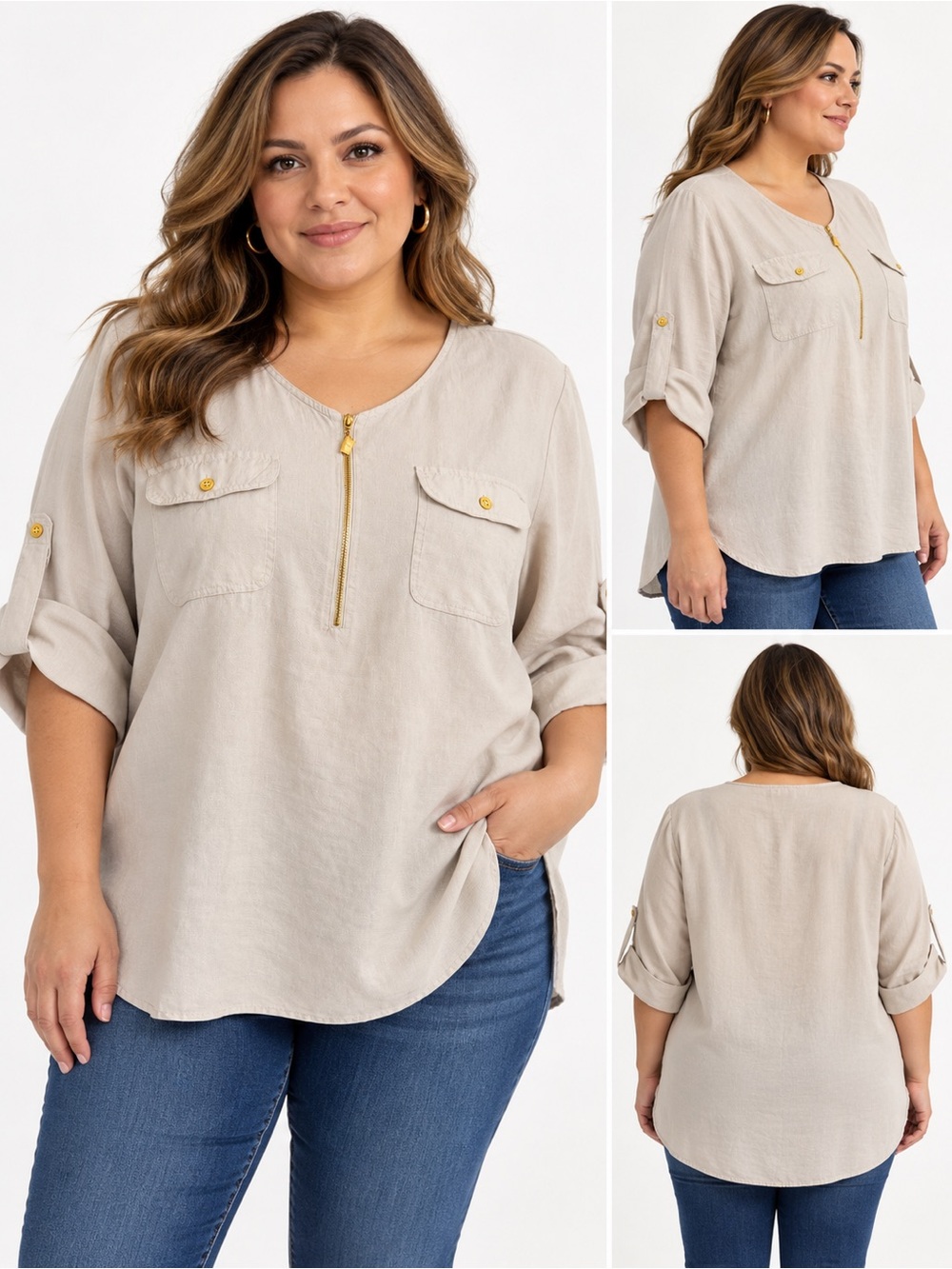 Ellen Tracy Light Beige Linen-Blend Short Sleeve Shirt with Gold Zip